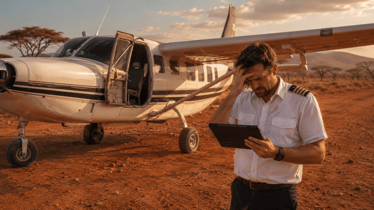 Pilot using fragile global tools on an East African bush strip